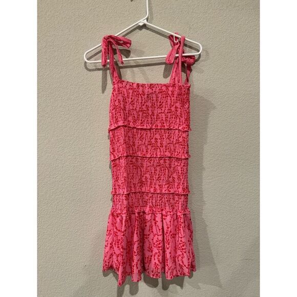 Chouyatou Women's Size Medium Ruched Tie Strap Tiered Mini Summer Dress Pink - Picture 2 of 3